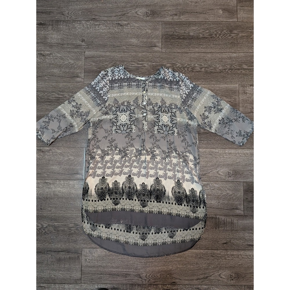 Fig and Flower Grey Mixed Paisley Floral Tunic Blouse XL 3/4 Sleeve High Low Hem